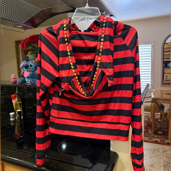 NEW Abbey Dawn Inspired Devil Horns Red Black Striped Hand Studded Hoodie Sz M - Picture 1 of 7